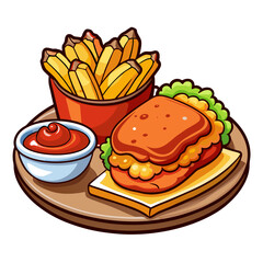 Cartoon chicken sandwich with fries and ketchup illustration