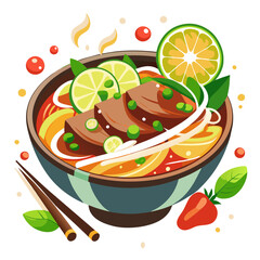Delicious Beef Noodle Bowl with Fresh Lime Illustration