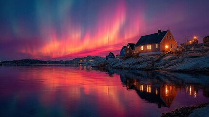 Fototapeta premium Northern lights illuminating houses in ilulissat, greenland