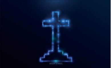 Glowing digital cross with a pixelated base, radiating blue neon light on a dark background. Symbolic representation of faith, spirituality, and modern technology. 