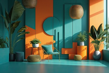 Dynamic Modern Design Featuring Bold Orange and Teal Backgrounds Enhanced by Geometric Patterns