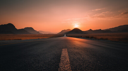 A scenic view of an empty road stretching into the horizon at sunset, surrounded by rolling hills and golden fields.
