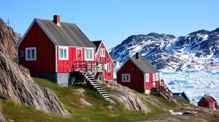 Traditional red wooden houses in greenland overlooking icy waters
