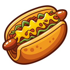 Cartoon Hot Dog with Cheese, Relish, and Chili