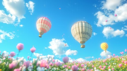 Obraz premium Colorful Hot Air Balloons Over Vibrant Flower Fields in Blue Sky