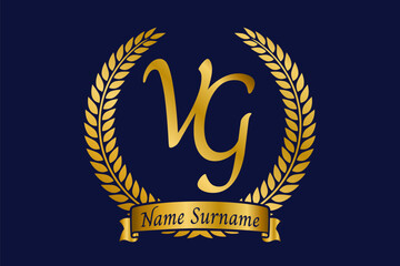 Initial letter V and G, VG monogram logo design with laurel wreath. Luxury golden calligraphy font.