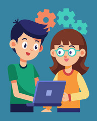 A pair of siblings working together to troubleshoot and debug a program they created using teamwork and critical thinking to solve any issues.. Vector illustration