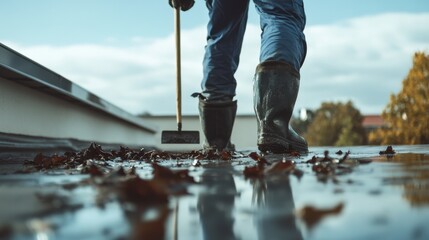 Roofer cleaning debris from a commercial roof. Featuring efficiency and upkeep