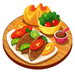 Delicious platter of meat, bread, salad, and sauce.
