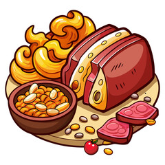 Humorous cartoon illustration of tasty food platter.