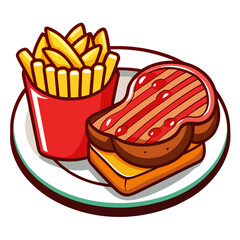 Cartoon Steak Sandwich with Fries Food Plate Art