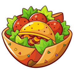 Colorful cartoon wrap with lettuce, tomato, and patty