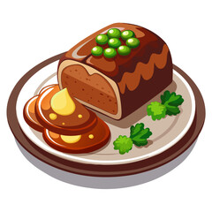 Cartoon Meatloaf with peas and sauce on plate