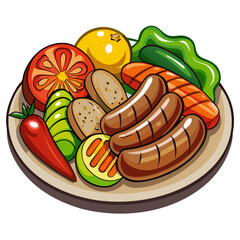 Cartoon Meal Plate with Sausages and Grilled Vegetables