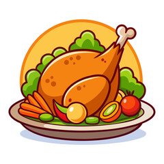 Cartoon roast chicken dinner on a decorated plate