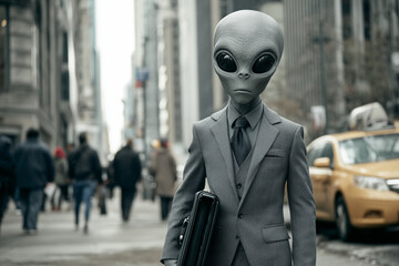 Gray alien standing confidently on a busy city street, wearing tailored business suit