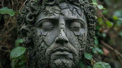 Serene Stone Sculpture Amidst Lush Greenery Ancient Statue with Closed Eyes Natures Embrace