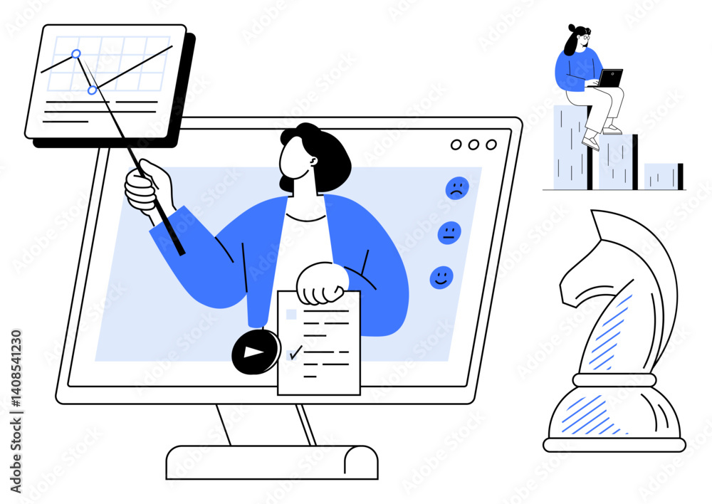Poster presenter pointing at graph on screen, person working on laptop, chess knight symbolizing strategy. 