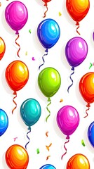 Colorful balloon pattern with confetti on white background.