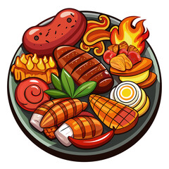 Grilled food platter with sausage, chicken, and more