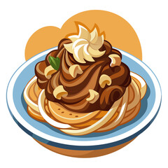 Cartoon illustration: Dessert plate of cream, nuts, mint