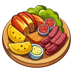 Cartoon Appetizer Board Featuring Sausages, Cheese, and Beans