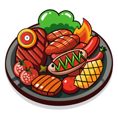 Cartoon BBQ platter illustration with steak, sausage, tomatoes