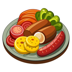 Colorful sausage platter cartoon illustration with various ingredients