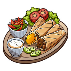 Cartoon Burrito Platter with Salad and Dipping Sauce