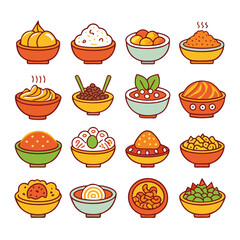 Assorted Bowls of Food Illustrations, Colorful and Cute