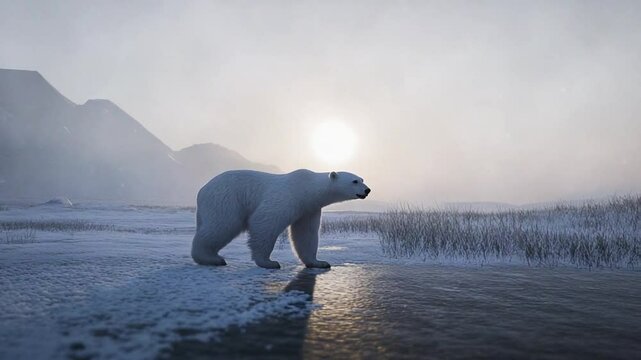 Captivating Arctic Scene: Polar Bear Walking in a Winter Landscape with Mountain Backdrop