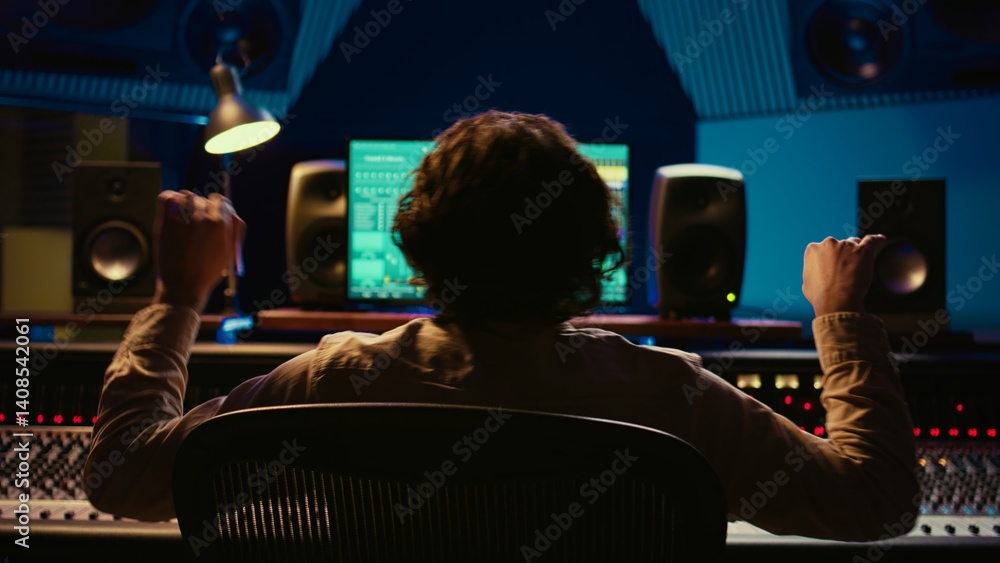 Fototapete Skilled sound designer enjoying his own music creating at mixing console in control room, feeling pleased with his new track. Audio expert editing tunes with knobs and sliders in studio. Camera B.