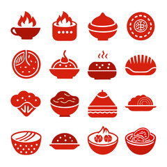 Red Icon Set Collection of Asian Cuisine Dishes