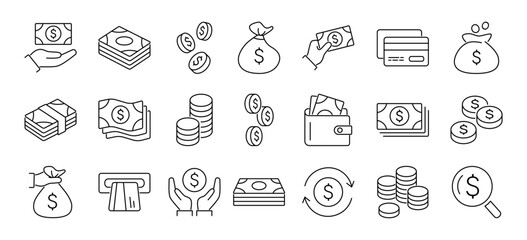 Money line icon set. Included credit card, bundle of money, money bag, coins, wallet, hand with money and more. Editable stroke. Vector illustration.