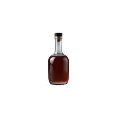 A rich amber liquid rests in a clear glass bottle, sealed with a dark top, against a stark white background.