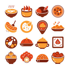 Assorted Food Icon Set in Bowls and Plates