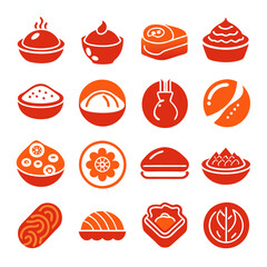 Red icons of diverse food and culinary elements