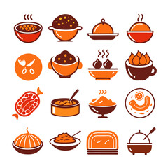 Stylized Food Icon Set Featuring Various Cuisine Elements