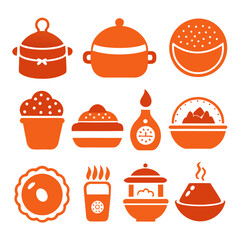 Orange Food Icons Set: Pots, Desserts, Drink, Clock