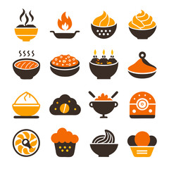 Collection of sixteen food-related vector icons in brown and orange