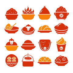 Collection of food icons in bowls, red and orange