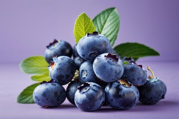 Fototapeta premium Vibrant Blueberry Clusters on Soft Lavender Backdrops Showcase Tropical Sweetness and Antioxidant Health Benefits