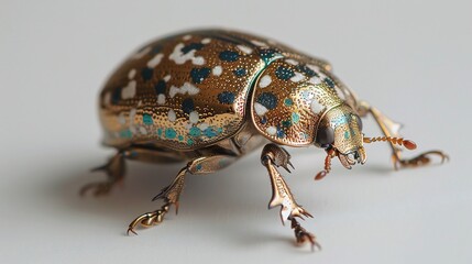 Fototapeta premium Golden tortoise beetle moving metallic gold shell changing hues tiny legs crawling soft lighting isolated a white background