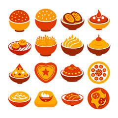 Variety of colorful food illustrations in bowls and plates