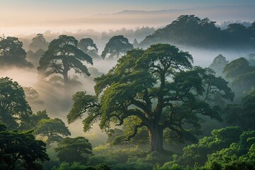 Stunning Forest Scene with Time-Honored Trees and Enveloping Morning Fog