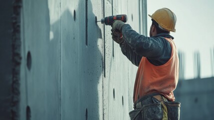 A construction worker drilling holes into a concrete wall. Featuring skill and strength