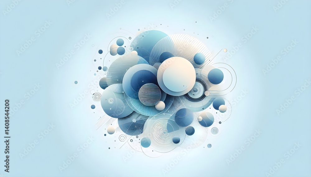 Poster digital abstract art with soft blue palette featuring floating layered spheres and outlined circles