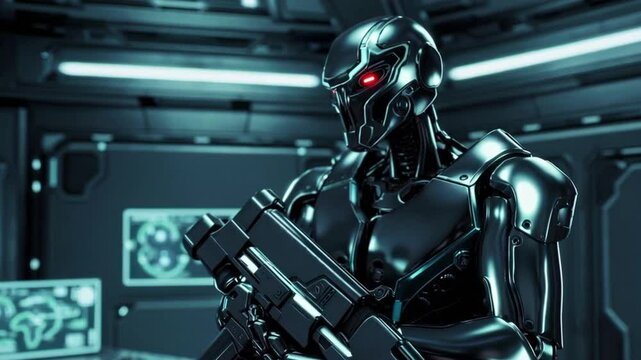 robotic bounty hunter loading weapons and preparing for a mission