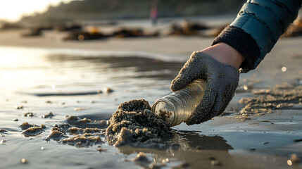 A close-up of a young woman&rsquo;s hand in gloves collecting plastic waste from a sandy beach during a cleanup at low tide