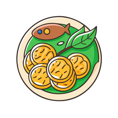 Illustration of a stylized dish of fish and patties